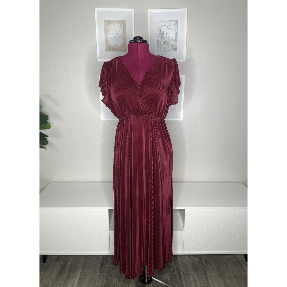 Baltic Born Athena Maxi Dress Women's 2XL Ribbed Burgundy Pleated Short Sleeve